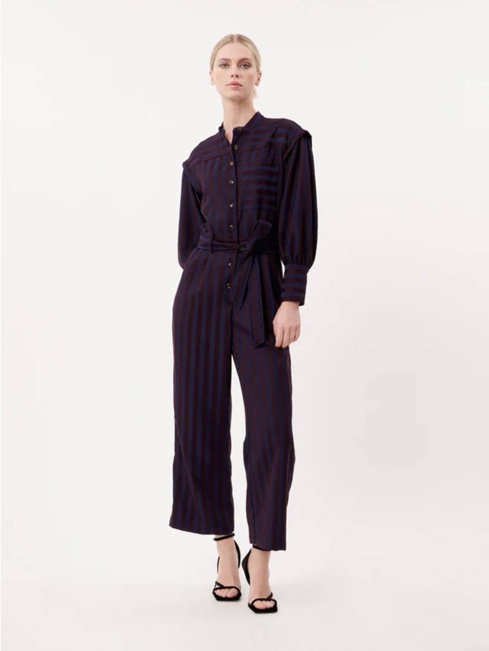 Brand new FRNCH Striped Navy and Burgundy Button-Front Jumpsuit